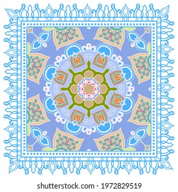 Decorative colorful ornament on white background, symmetric pattern with doodle lace frame. Tribal ethnic mandala decor. Bandana shawl, hijab, tablecloth fabric print, silk neck scarf, kerchief design