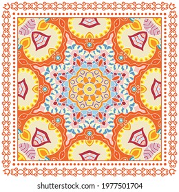 Decorative colorful ornament on white background, symmetric pattern with doodle lace frame. Tribal ethnic mandala decor. Bandana shawl, hijab, tablecloth fabric print, silk neck scarf, kerchief design