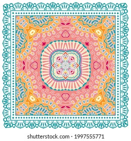 Decorative colorful ornament on white background, symmetric pattern with doodle lace frame. Tribal ethnic mandala decor. Bandana shawl, hijab, tablecloth fabric print, silk neck scarf, kerchief design