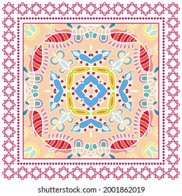 Decorative colorful ornament on white background, symmetric pattern with doodle lace frame. Tribal ethnic mandala decor. Bandana shawl, hijab, tablecloth fabric print, silk neck scarf, kerchief design