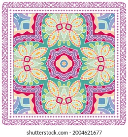 Decorative colorful ornament on white background, symmetric pattern with doodle lace frame. Tribal ethnic mandala decor. Bandana shawl, hijab, tablecloth fabric print, silk neck scarf, kerchief design