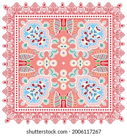Decorative colorful ornament on white background, symmetric pattern with doodle lace frame. Tribal ethnic mandala decor. Bandana shawl, hijab, tablecloth fabric print, silk neck scarf, kerchief design
