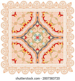 Decorative colorful ornament on white background, symmetric pattern with doodle lace frame. Tribal ethnic mandala decor. Bandana shawl, hijab, tablecloth fabric print, silk neck scarf, kerchief design