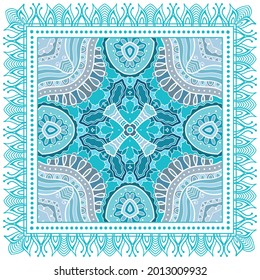 Decorative colorful ornament on white background, symmetric pattern with doodle lace frame. Tribal ethnic mandala decor. Bandana shawl, hijab, tablecloth fabric print, silk neck scarf, kerchief design