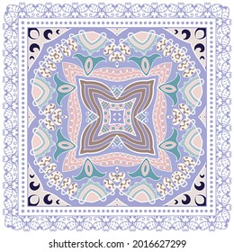 Decorative colorful ornament on white background, symmetric pattern with doodle lace frame. Tribal ethnic mandala decor. Bandana shawl, hijab, tablecloth fabric print, silk neck scarf, kerchief design