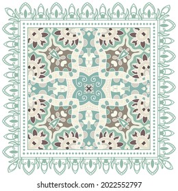 Decorative colorful ornament on white background, symmetric pattern with doodle lace frame. Tribal ethnic mandala decor. Bandana shawl, hijab, tablecloth fabric print, silk neck scarf, kerchief design