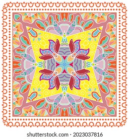 Decorative colorful ornament on white background, symmetric pattern with doodle lace frame. Tribal ethnic mandala decor. Bandana shawl, hijab, tablecloth fabric print, silk neck scarf, kerchief design