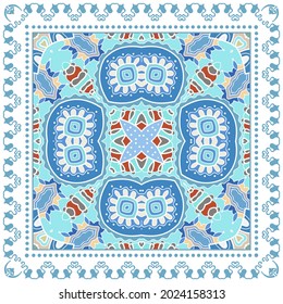 Decorative colorful ornament on white background, symmetric pattern with doodle lace frame. Tribal ethnic mandala decor. Bandana shawl, hijab, tablecloth fabric print, silk neck scarf, kerchief design
