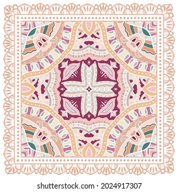 Decorative colorful ornament on white background, symmetric pattern with doodle lace frame. Tribal ethnic mandala decor. Bandana shawl, hijab, tablecloth fabric print, silk neck scarf, kerchief design