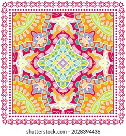 Decorative colorful ornament on white background, symmetric pattern with doodle lace frame. Tribal ethnic mandala decor. Bandana shawl, hijab, tablecloth fabric print, silk neck scarf, kerchief design