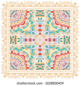 Decorative colorful ornament on white background, symmetric pattern with doodle lace frame. Tribal ethnic mandala decor. Bandana shawl, hijab, tablecloth fabric print, silk neck scarf, kerchief design