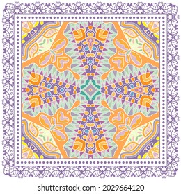 Decorative colorful ornament on white background, symmetric pattern with doodle lace frame. Tribal ethnic mandala decor. Bandana shawl, hijab, tablecloth fabric print, silk neck scarf, kerchief design