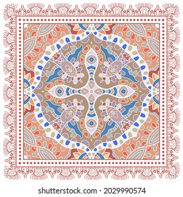 Decorative colorful ornament on white background, symmetric pattern with doodle lace frame. Tribal ethnic mandala decor. Bandana shawl, hijab, tablecloth fabric print, silk neck scarf, kerchief design