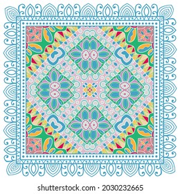 Decorative colorful ornament on white background, symmetric pattern with doodle lace frame. Tribal ethnic mandala decor. Bandana shawl, hijab, tablecloth fabric print, silk neck scarf, kerchief design