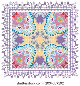 Decorative colorful ornament on white background, symmetric pattern with doodle lace frame. Tribal ethnic mandala decor. Bandana shawl, hijab, tablecloth fabric print, silk neck scarf, kerchief design