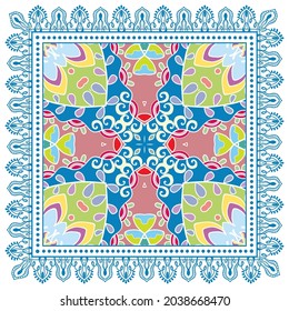 Decorative colorful ornament on white background, symmetric pattern with doodle lace frame. Tribal ethnic mandala decor. Bandana shawl, hijab, tablecloth fabric print, silk neck scarf, kerchief design