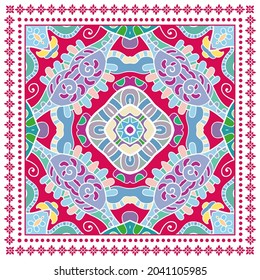 Decorative colorful ornament on white background, symmetric pattern with doodle lace frame. Tribal ethnic mandala decor. Bandana shawl, hijab, tablecloth fabric print, silk neck scarf, kerchief design