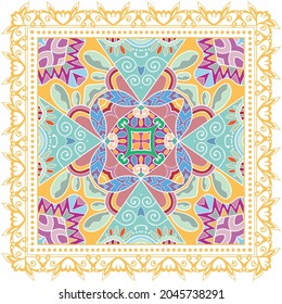 Decorative colorful ornament on white background, symmetric pattern with doodle lace frame. Tribal ethnic mandala decor. Bandana shawl, hijab, tablecloth fabric print, silk neck scarf, kerchief design