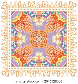 Decorative colorful ornament on white background, symmetric pattern with doodle lace frame. Tribal ethnic mandala decor. Bandana shawl, hijab, tablecloth fabric print, silk neck scarf, kerchief design