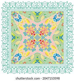 Decorative colorful ornament on white background, symmetric pattern with doodle lace frame. Tribal ethnic mandala decor. Bandana shawl, hijab, tablecloth fabric print, silk neck scarf, kerchief design