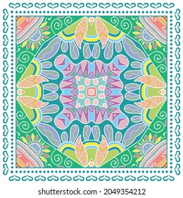 Decorative colorful ornament on white background, symmetric pattern with doodle lace frame. Tribal ethnic mandala decor. Bandana shawl, hijab, tablecloth fabric print, silk neck scarf, kerchief design