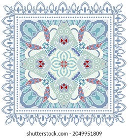 Decorative colorful ornament on white background, symmetric pattern with doodle lace frame. Tribal ethnic mandala decor. Bandana shawl, hijab, tablecloth fabric print, silk neck scarf, kerchief design