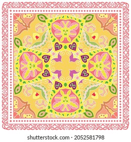 Decorative colorful ornament on white background, symmetric pattern with doodle lace frame. Tribal ethnic mandala decor. Bandana shawl, hijab, tablecloth fabric print, silk neck scarf, kerchief design