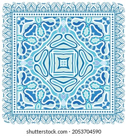 Decorative colorful ornament on white background, symmetric pattern with doodle lace frame. Tribal ethnic mandala decor. Bandana shawl, hijab, tablecloth fabric print, silk neck scarf, kerchief design