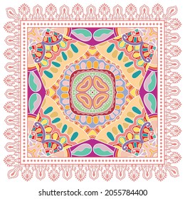 Decorative colorful ornament on white background, symmetric pattern with doodle lace frame. Tribal ethnic mandala decor. Bandana shawl, hijab, tablecloth fabric print, silk neck scarf, kerchief design