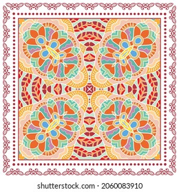 Decorative colorful ornament on white background, symmetric pattern with doodle lace frame. Tribal ethnic mandala decor. Bandana shawl, hijab, tablecloth fabric print, silk neck scarf, kerchief design