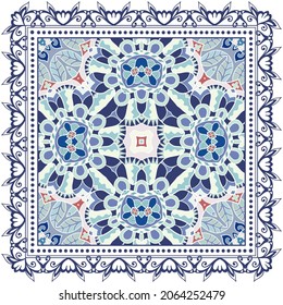 Decorative colorful ornament on white background, symmetric pattern with doodle lace frame. Tribal ethnic mandala decor. Bandana shawl, hijab, tablecloth fabric print, silk neck scarf, kerchief design