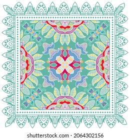 Decorative colorful ornament on white background, symmetric pattern with doodle lace frame. Tribal ethnic mandala decor. Bandana shawl, hijab, tablecloth fabric print, silk neck scarf, kerchief design