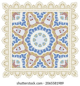 Decorative colorful ornament on white background, symmetric pattern with doodle lace frame. Tribal ethnic mandala decor. Bandana shawl, hijab, tablecloth fabric print, silk neck scarf, kerchief design