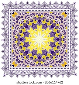 Decorative colorful ornament on white background, symmetric pattern with doodle lace frame. Tribal ethnic mandala decor. Bandana shawl, hijab, tablecloth fabric print, silk neck scarf, kerchief design