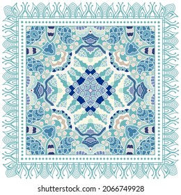 Decorative colorful ornament on white background, symmetric pattern with doodle lace frame. Tribal ethnic mandala decor. Bandana shawl, hijab, tablecloth fabric print, silk neck scarf, kerchief design