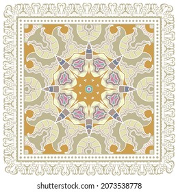 Decorative colorful ornament on white background, symmetric pattern with doodle lace frame. Tribal ethnic mandala decor. Bandana shawl, hijab, tablecloth fabric print, silk neck scarf, kerchief design
