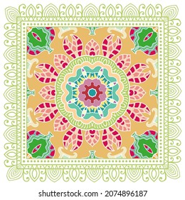 Decorative colorful ornament on white background, symmetric pattern with doodle lace frame. Tribal ethnic mandala decor. Bandana shawl, hijab, tablecloth fabric print, silk neck scarf, kerchief design