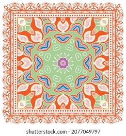 Decorative colorful ornament on white background, symmetric pattern with doodle lace frame. Tribal ethnic mandala decor. Bandana shawl, hijab, tablecloth fabric print, silk neck scarf, kerchief design