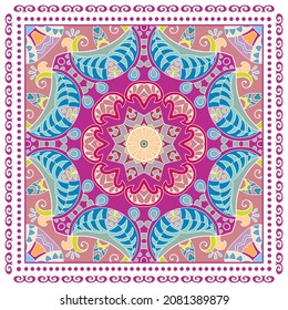 Decorative colorful ornament on white background, symmetric pattern with doodle lace frame. Tribal ethnic mandala decor. Bandana shawl, hijab, tablecloth fabric print, silk neck scarf, kerchief design
