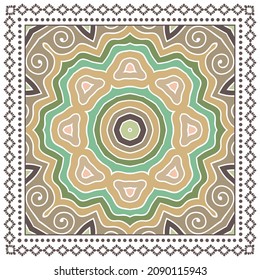 Decorative colorful ornament on white background, symmetric pattern with doodle lace frame. Tribal ethnic mandala decor. Bandana shawl, hijab, tablecloth fabric print, silk neck scarf, kerchief design