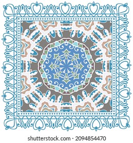 Decorative colorful ornament on white background, symmetric pattern with doodle lace frame. Tribal ethnic mandala decor. Bandana shawl, hijab, tablecloth fabric print, silk neck scarf, kerchief design