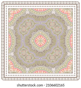 Decorative colorful ornament on white background, symmetric pattern with doodle lace frame. Tribal ethnic mandala decor. Bandana shawl, hijab, tablecloth fabric print, silk neck scarf, kerchief design