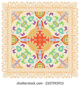 Decorative colorful ornament on white background, symmetric pattern with doodle lace frame. Tribal ethnic mandala decor. Bandana shawl, hijab, tablecloth fabric print, silk neck scarf, kerchief design