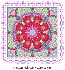 Decorative colorful ornament on white background, symmetric pattern with doodle lace frame. Tribal ethnic mandala decor. Bandana shawl, hijab, tablecloth fabric print, silk neck scarf, kerchief design