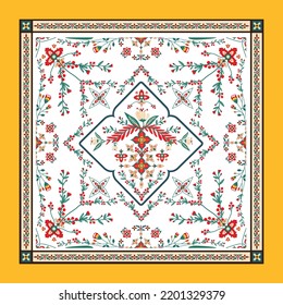 Decorative colorful ornament on white background, symmetric pattern with beautiful flowers. Tribal ethnic mandala. Bandana shawl, hijab, tablecloth fabric print, silk neck scarf.