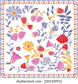Decorative colorful ornament on white background, symmetric pattern with beautiful flowers. Tribal ethnic mandala. Bandana shawl, hijab, tablecloth fabric print, silk neck scarf.