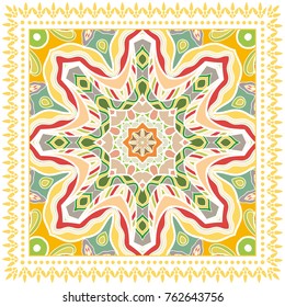 Decorative colorful ornament on a white background, symmetric pattern with doodle lace frame. Tribal ethnic mandala decor. Bandanna shawl, tablecloth fabric print, silk neck scarf, kerchief design
