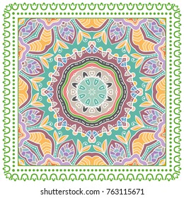 Decorative colorful ornament on a white background, symmetric pattern with doodle lace frame. Tribal ethnic mandala decor. Bandanna shawl, tablecloth fabric print, silk neck scarf, kerchief design