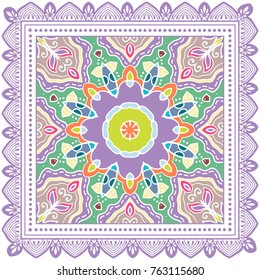 Decorative colorful ornament on a white background, symmetric pattern with doodle lace frame. Tribal ethnic mandala decor. Bandanna shawl, tablecloth fabric print, silk neck scarf, kerchief design