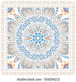 Decorative colorful ornament on a white background, symmetric pattern with doodle lace frame. Tribal ethnic mandala decor. Bandanna shawl, tablecloth fabric print, silk neck scarf, kerchief design